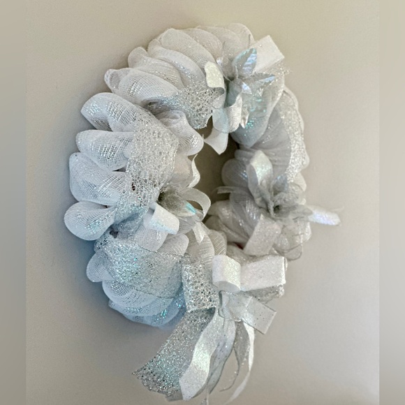 Silver & White Christmas WreathHandmade Holiday Door Decor Winter Mesh Wreath - Picture 2 of 9